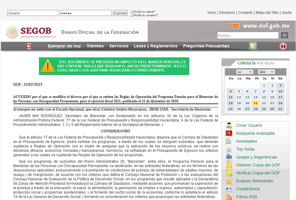 nuevas reglas de operacion pension discapacitados julio 2021